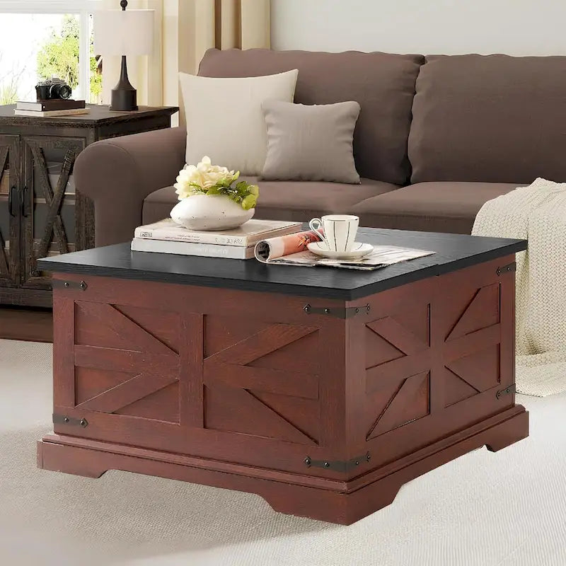 Table basse de salon relevable carrée Roomfitters style ferme, table centrale en bois, table centrale carrée en bois avec rangement caché