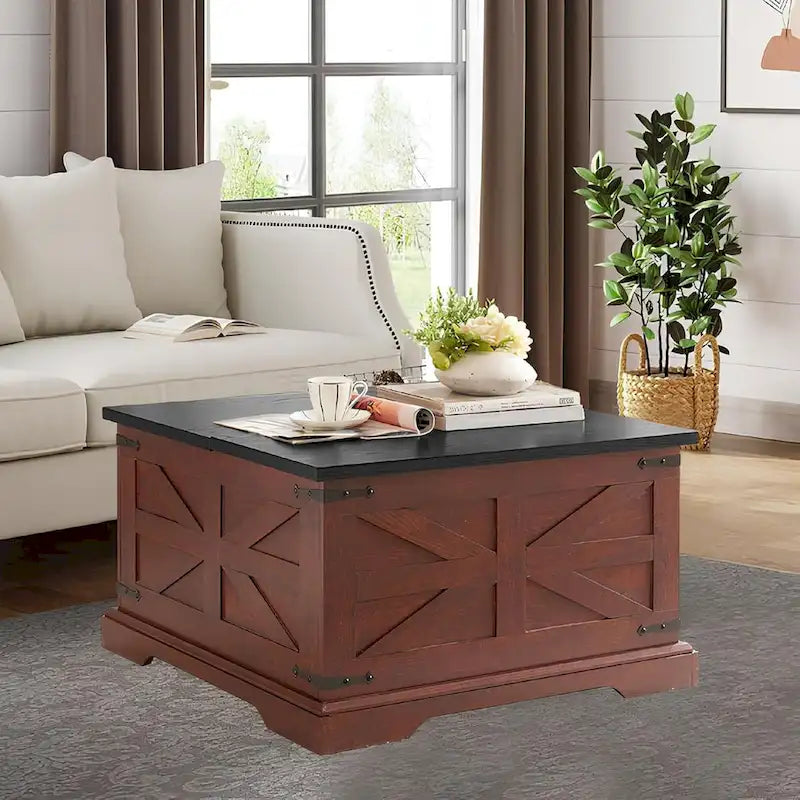 Table basse de salon relevable carrée Roomfitters style ferme, table centrale en bois, table centrale carrée en bois avec rangement caché