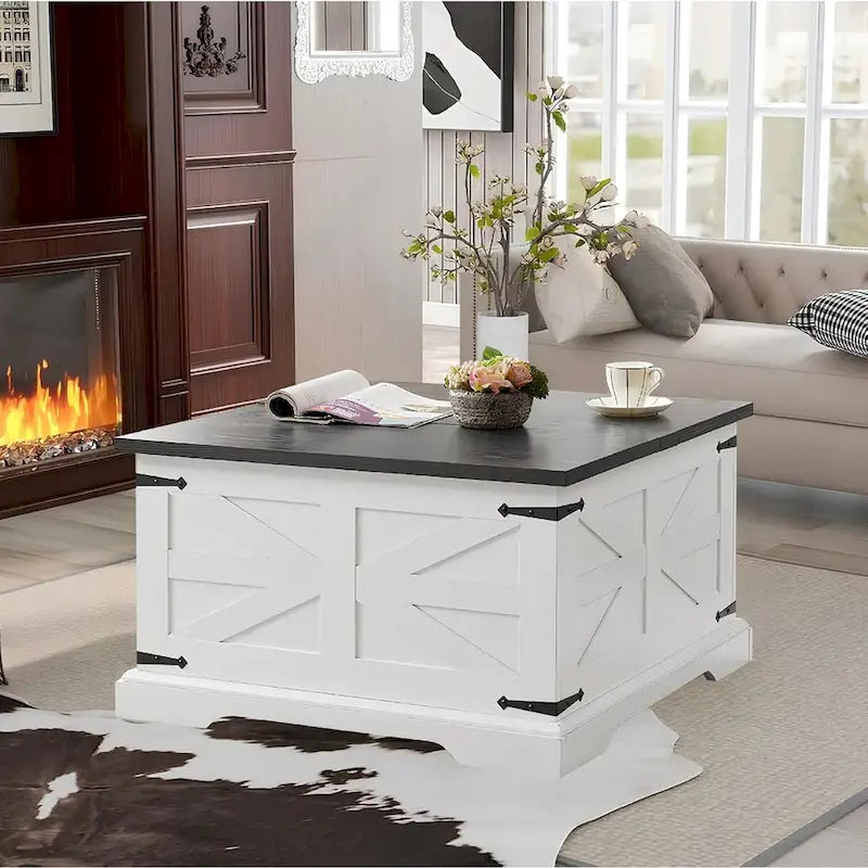 Table basse de salon relevable carrée Roomfitters style ferme, table centrale en bois, table centrale carrée en bois avec rangement caché
