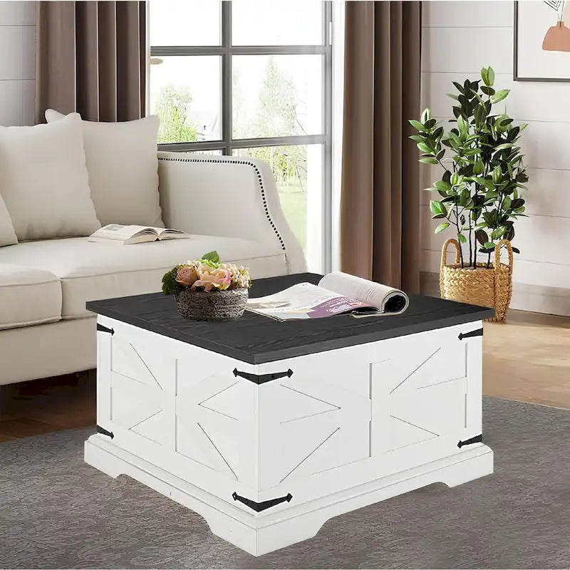 Table basse de salon relevable carrée Roomfitters style ferme, table centrale en bois, table centrale carrée en bois avec rangement caché