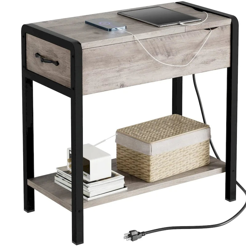 Table d'appoint avec station de recharge, Table d'appoint étroite avec tiroir et Table de chevet de rangement