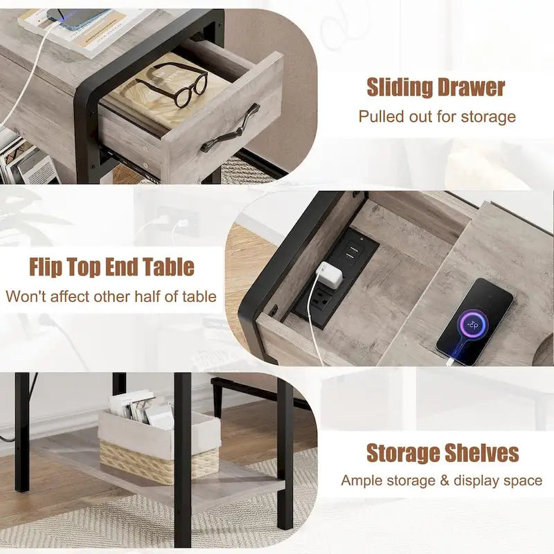 Table d'appoint avec station de recharge, Table d'appoint étroite avec tiroir et Table de chevet de rangement