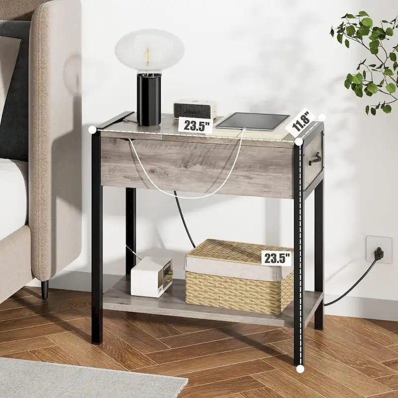 Table d'appoint avec station de recharge, Table d'appoint étroite avec tiroir et Table de chevet de rangement