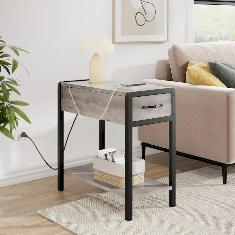 Table d'appoint avec station de recharge, Table d'appoint étroite avec tiroir et Table de chevet de rangement