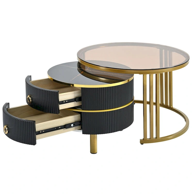 Tables basses empilables Mieres Modernes, Lot de 2 tables basses gigognes, Tables d'appoint avec plateau en verre trempé marron