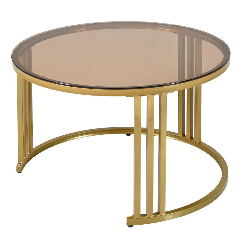 Tables basses empilables Mieres Modernes, Lot de 2 tables basses gigognes, Tables d'appoint avec plateau en verre trempé marron