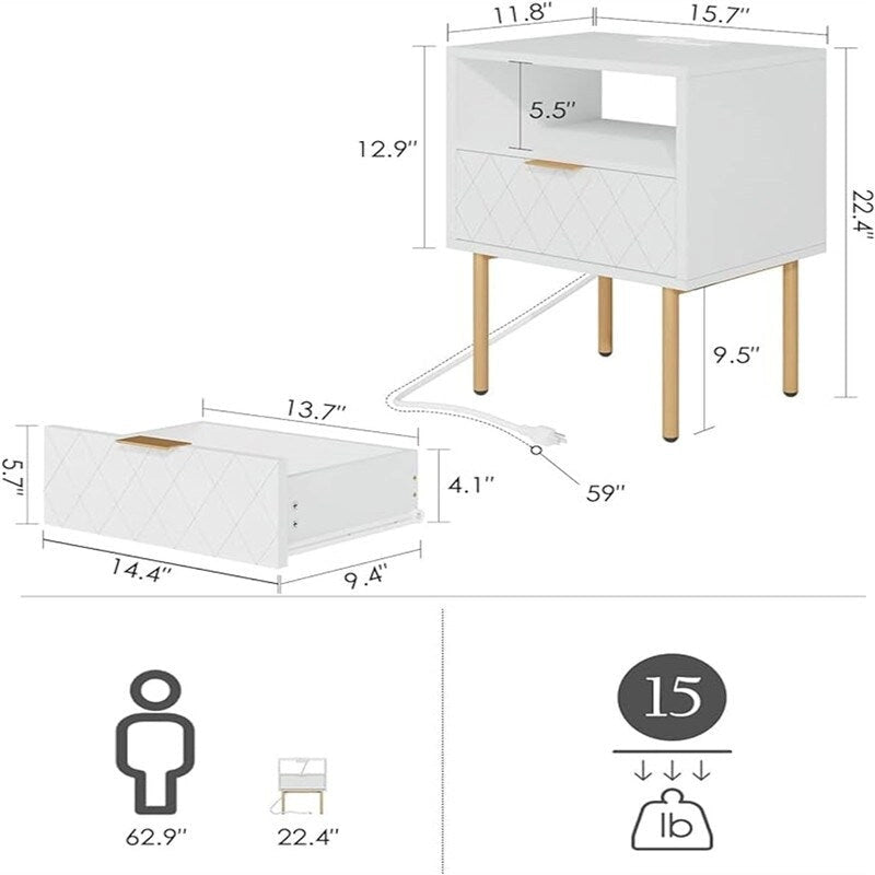 Table de chevet avec station de recharge - 11.81P x 15.75L x 22.05H
