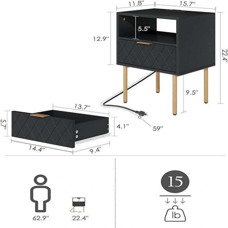 Table de chevet avec station de recharge - 11.81P x 15.75L x 22.05H