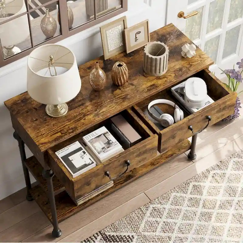 Console étroite marron et grise avec tiroirs, 3 niveaux, montage par 1 ou 2 personnes