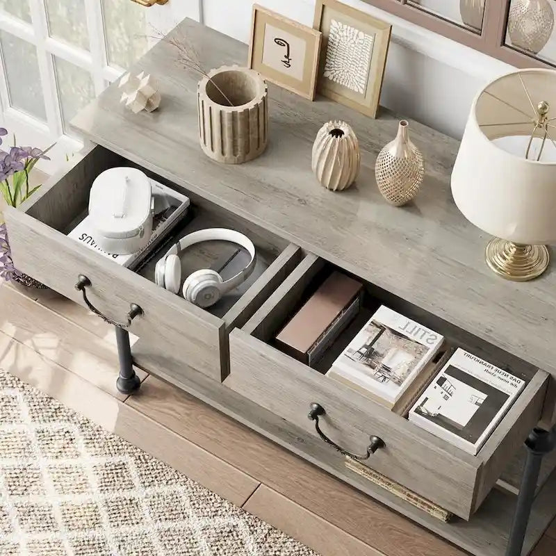 Console étroite marron et grise avec tiroirs, 3 niveaux, montage par 1 ou 2 personnes