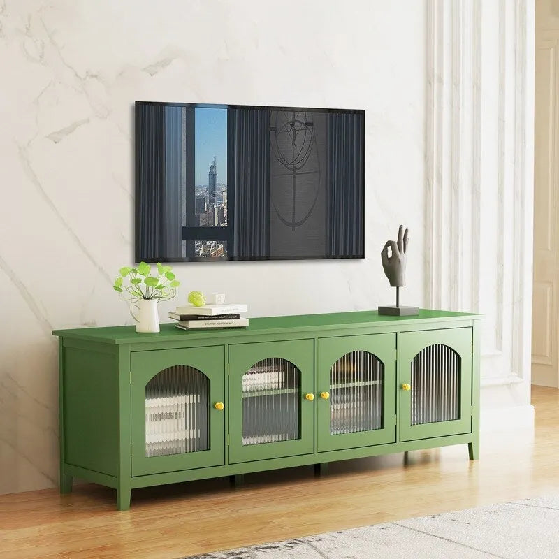 Meuble TV vert vintage, buffet de maison d'artiste avec portes et étagères en verre, meuble de rangement d'appoint pour bar à café
