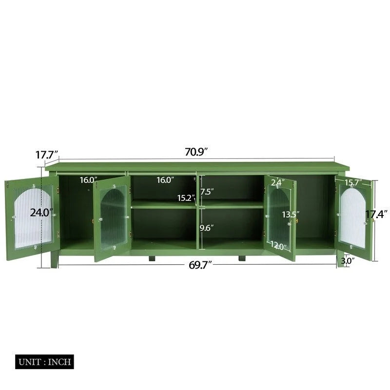 Meuble TV vert vintage, buffet de maison d'artiste avec portes et étagères en verre, meuble de rangement d'appoint pour bar à café