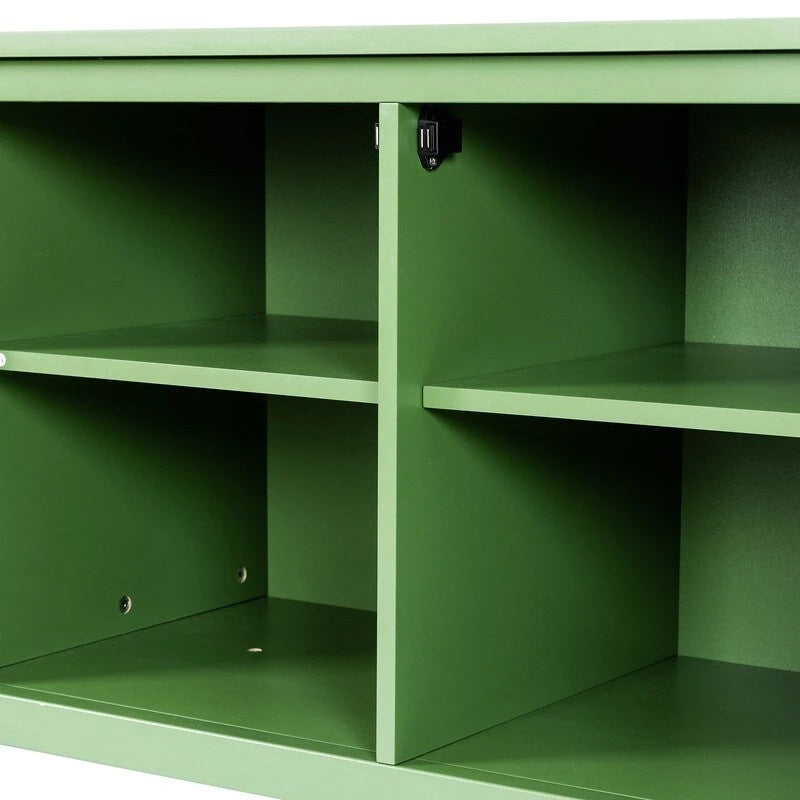Meuble TV vert vintage, buffet de maison d'artiste avec portes et étagères en verre, meuble de rangement d'appoint pour bar à café