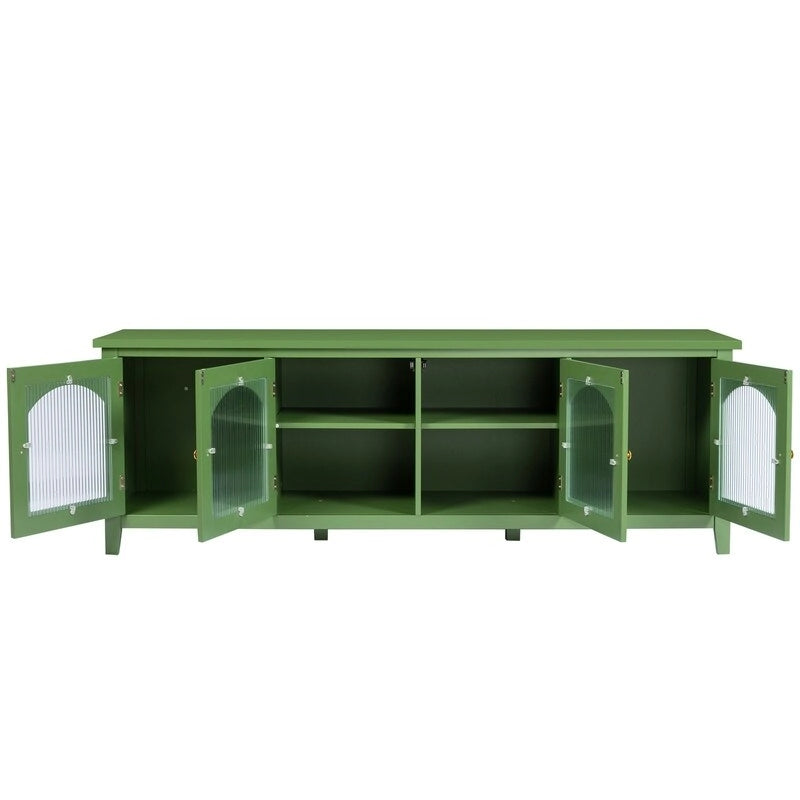Meuble TV vert vintage, buffet de maison d'artiste avec portes et étagères en verre, meuble de rangement d'appoint pour bar à café