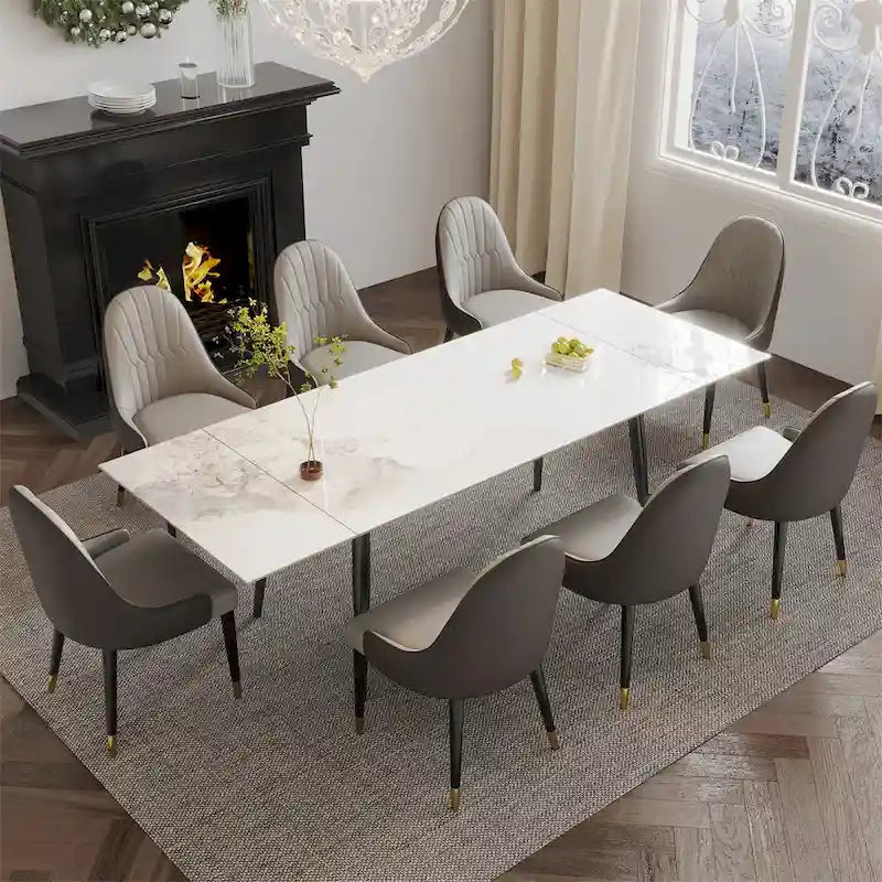 Table à manger extensible 9 pièces en pierre frittée pour 8 personnes