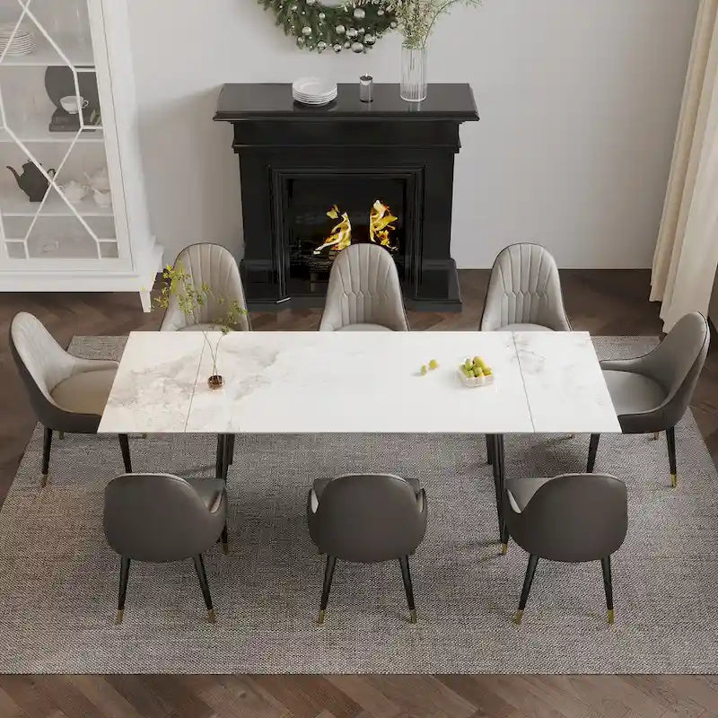 Table à manger extensible 9 pièces en pierre frittée pour 8 personnes