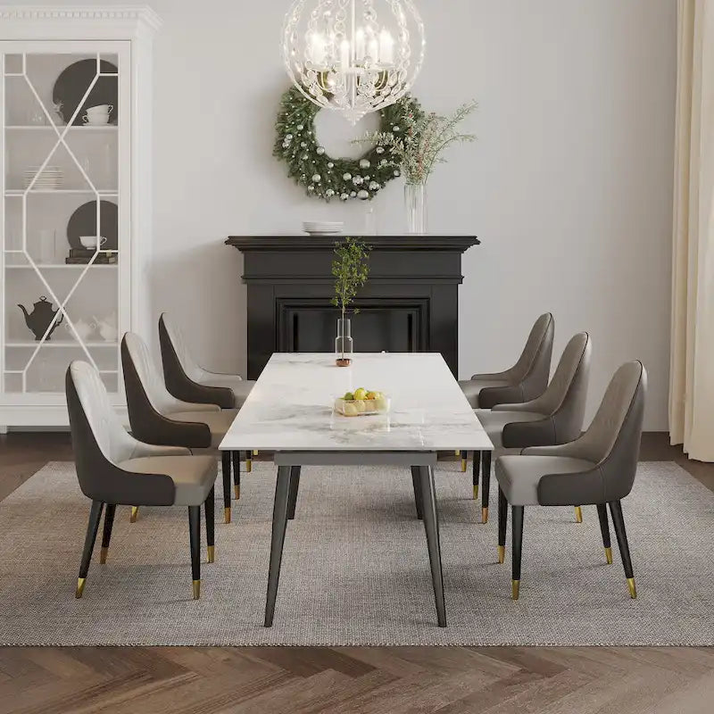 Table à manger extensible 9 pièces en pierre frittée pour 8 personnes
