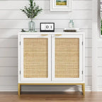 Buffet-Vaisselier Moderne 2 Portes Blanc Rotin Meuble de Rangement d'Appoint Cuisine en Bois