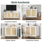 Buffet-Vaisselier Moderne 2 Portes Blanc Rotin Meuble de Rangement d'Appoint Cuisine en Bois