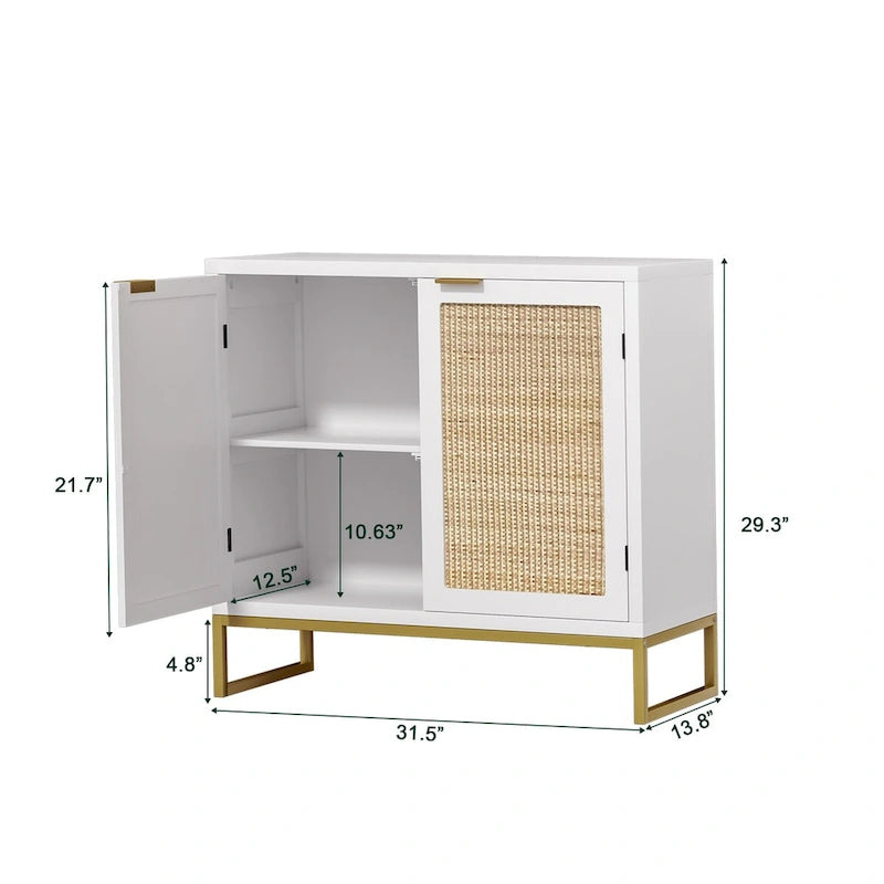 Buffet-Vaisselier Moderne 2 Portes Blanc Rotin Meuble de Rangement d'Appoint Cuisine en Bois