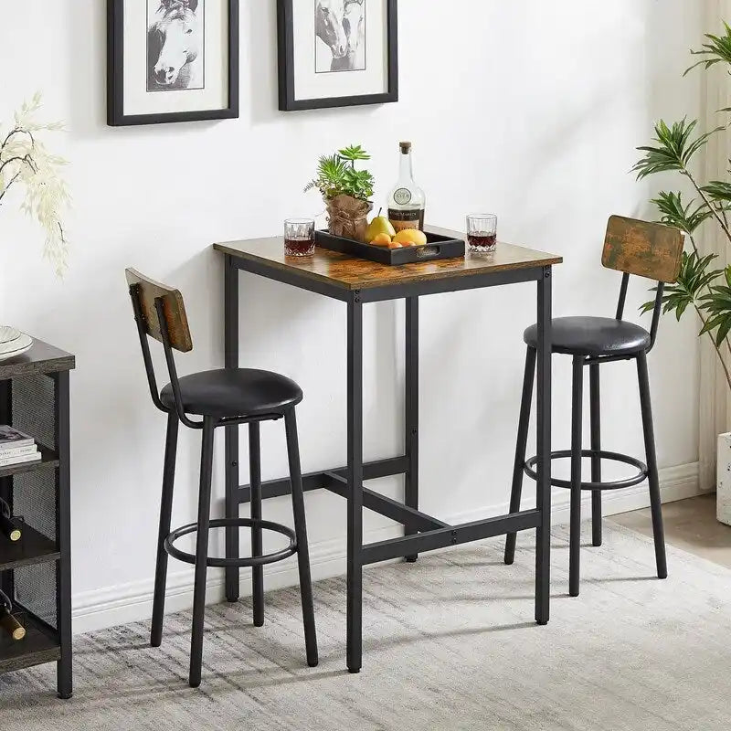 Ensemble de table de bar industrielle Eureka, ensemble de 3 pièces table à manger et tabourets rembourrés en PU, petit ensemble de table de bistrot de hauteur comptoir
