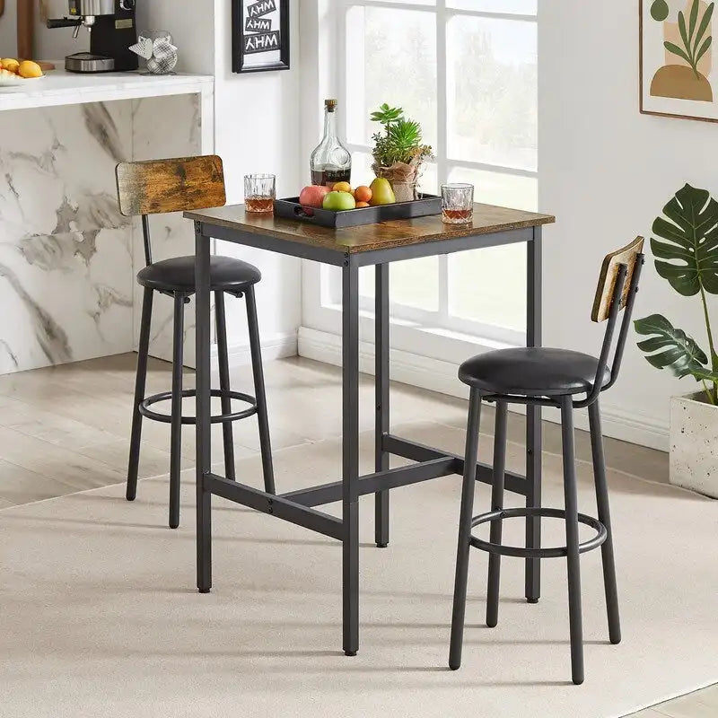 Ensemble de table de bar industrielle Eureka, ensemble de 3 pièces table à manger et tabourets rembourrés en PU, petit ensemble de table de bistrot de hauteur comptoir