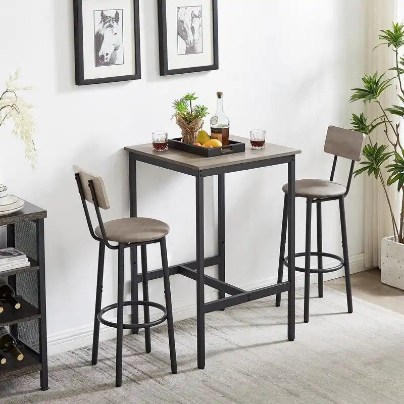Ensemble de table de bar industrielle Eureka, ensemble de 3 pièces table à manger et tabourets rembourrés en PU, petit ensemble de table de bistrot de hauteur comptoir