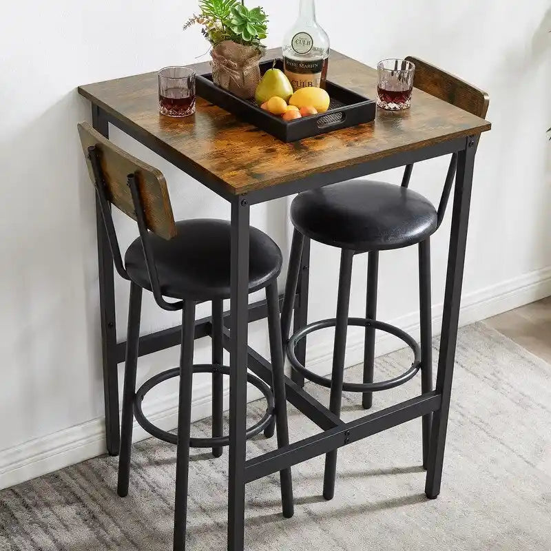 Ensemble de table de bar industrielle Eureka, ensemble de 3 pièces table à manger et tabourets rembourrés en PU, petit ensemble de table de bistrot de hauteur comptoir