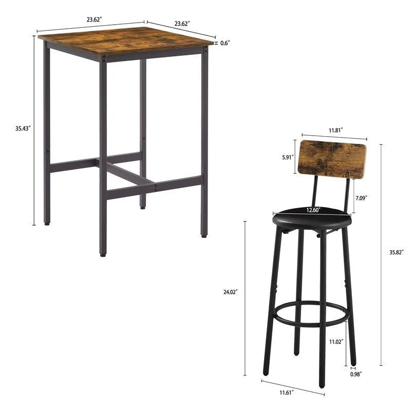 Ensemble de table de bar industrielle Eureka, ensemble de 3 pièces table à manger et tabourets rembourrés en PU, petit ensemble de table de bistrot de hauteur comptoir
