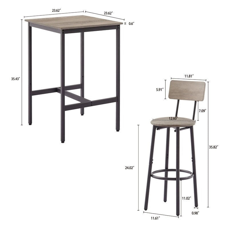 Ensemble de table de bar industrielle Eureka, ensemble de 3 pièces table à manger et tabourets rembourrés en PU, petit ensemble de table de bistrot de hauteur comptoir