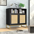 Anmytek Buffet moderne noir à 2 portes avec table d'appoint, meuble de rangement de cuisine en rotin avec étagère ouverte – 31,5 l x 15,7 P x 31,9 H