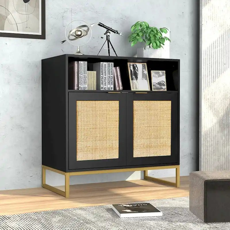 Anmytek Buffet moderne noir à 2 portes avec table d'appoint, meuble de rangement de cuisine en rotin avec étagère ouverte – 31,5 l x 15,7 P x 31,9 H