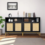 Anmytek Buffet moderne noir à 2 portes avec table d'appoint, meuble de rangement de cuisine en rotin avec étagère ouverte – 31,5 l x 15,7 P x 31,9 H