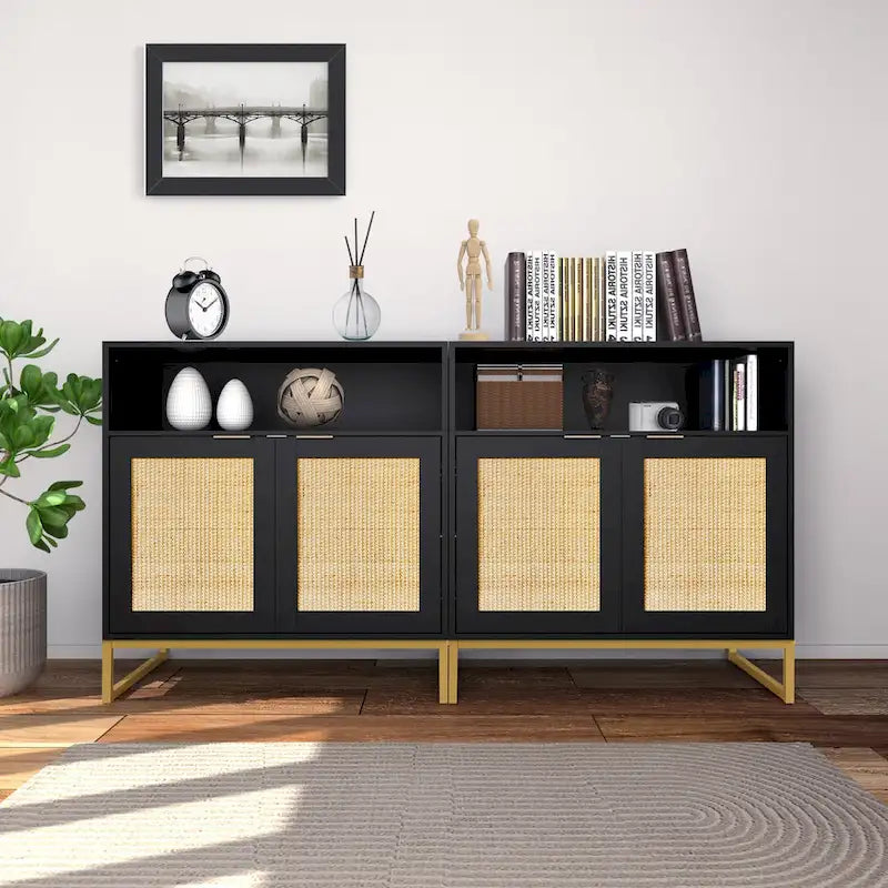 Anmytek Buffet moderne noir à 2 portes avec table d'appoint, meuble de rangement de cuisine en rotin avec étagère ouverte – 31,5 l x 15,7 P x 31,9 H