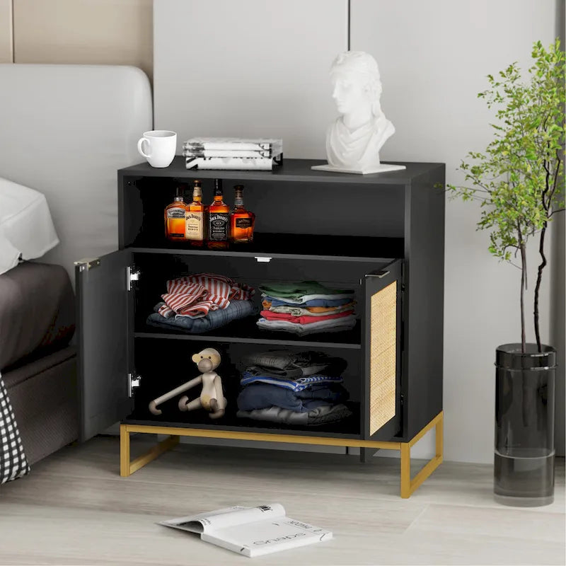 Anmytek Buffet moderne noir à 2 portes avec table d'appoint, meuble de rangement de cuisine en rotin avec étagère ouverte – 31,5 l x 15,7 P x 31,9 H