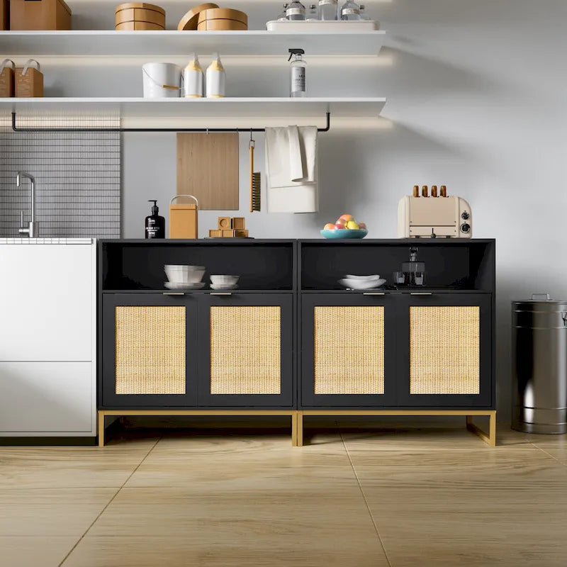 Anmytek Buffet moderne noir à 2 portes avec table d'appoint, meuble de rangement de cuisine en rotin avec étagère ouverte – 31,5 l x 15,7 P x 31,9 H