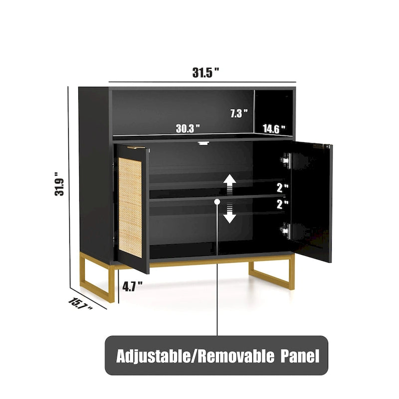 Anmytek Buffet moderne noir à 2 portes avec table d'appoint, meuble de rangement de cuisine en rotin avec étagère ouverte – 31,5 l x 15,7 P x 31,9 H
