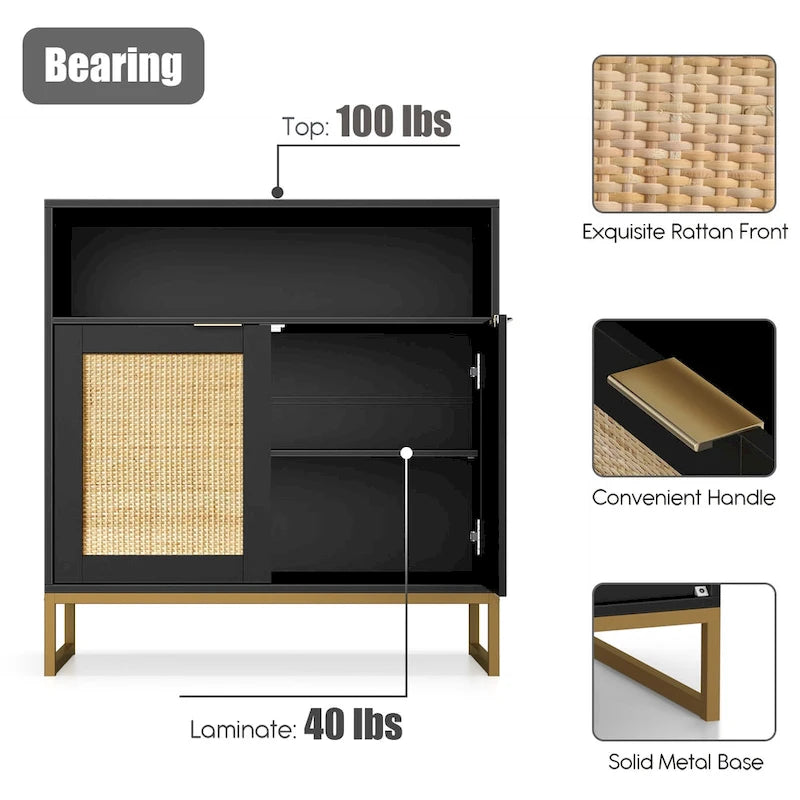 Anmytek Buffet moderne noir à 2 portes avec table d'appoint, meuble de rangement de cuisine en rotin avec étagère ouverte – 31,5 l x 15,7 P x 31,9 H