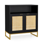 Anmytek Buffet moderne noir à 2 portes avec table d'appoint, meuble de rangement de cuisine en rotin avec étagère ouverte – 31,5 l x 15,7 P x 31,9 H