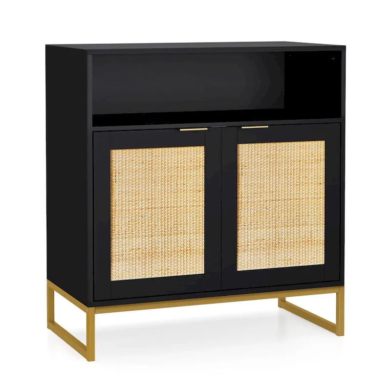 Anmytek Buffet moderne noir à 2 portes avec table d'appoint, meuble de rangement de cuisine en rotin avec étagère ouverte – 31,5 l x 15,7 P x 31,9 H
