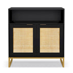 Anmytek Buffet moderne noir à 2 portes avec table d'appoint, meuble de rangement de cuisine en rotin avec étagère ouverte – 31,5 l x 15,7 P x 31,9 H