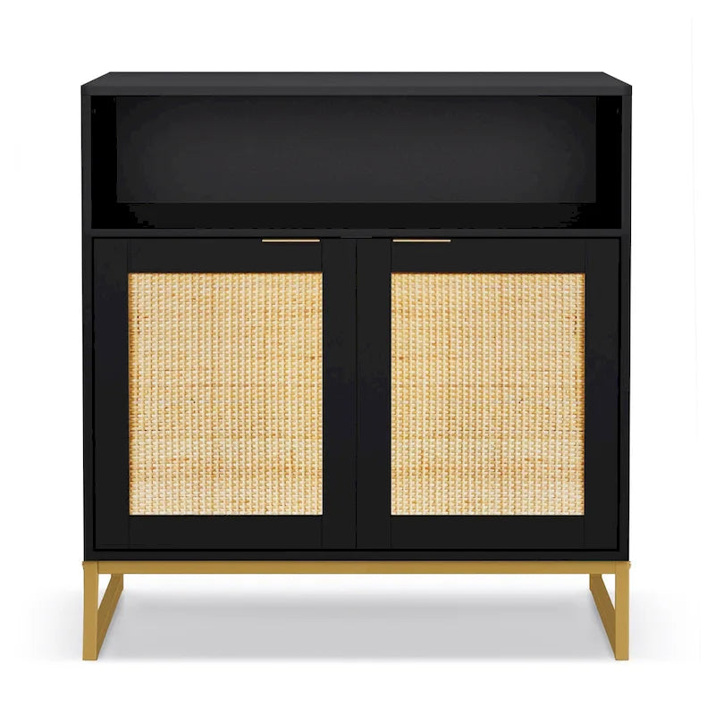 Anmytek Buffet moderne noir à 2 portes avec table d'appoint, meuble de rangement de cuisine en rotin avec étagère ouverte – 31,5 l x 15,7 P x 31,9 H