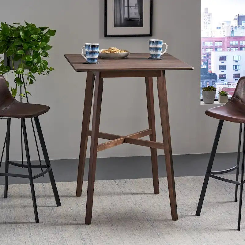 Table de salle à manger moderne hauteur bar 42, pieds en hévéa et plateau stratifié