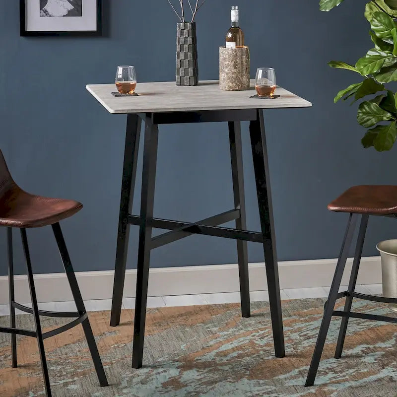 Table de salle à manger moderne hauteur bar 42, pieds en hévéa et plateau stratifié