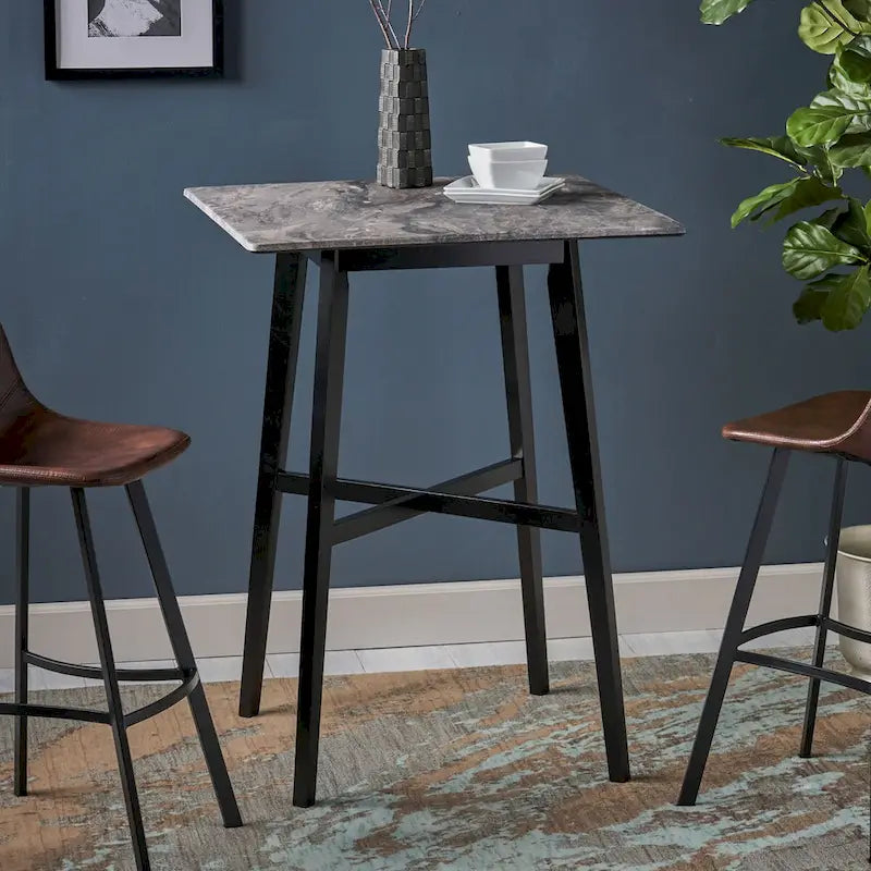 Table de salle à manger moderne hauteur bar 42, pieds en hévéa et plateau stratifié