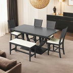 Ensemble de salle à manger 6 personnes avec banc et 4 chaises, pieds demi-ronds, gris/bois naturel