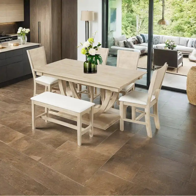 Ensemble de salle à manger 6 personnes avec banc et 4 chaises, pieds demi-ronds, gris/bois naturel