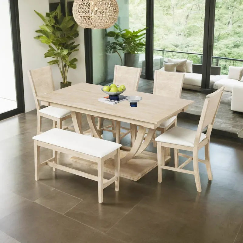 Ensemble de salle à manger 6 personnes avec banc et 4 chaises, pieds demi-ronds, gris/bois naturel
