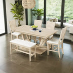 Ensemble de salle à manger 6 personnes avec banc et 4 chaises, pieds demi-ronds, gris/bois naturel