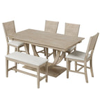 Ensemble de salle à manger 6 personnes avec banc et 4 chaises, pieds demi-ronds, gris/bois naturel